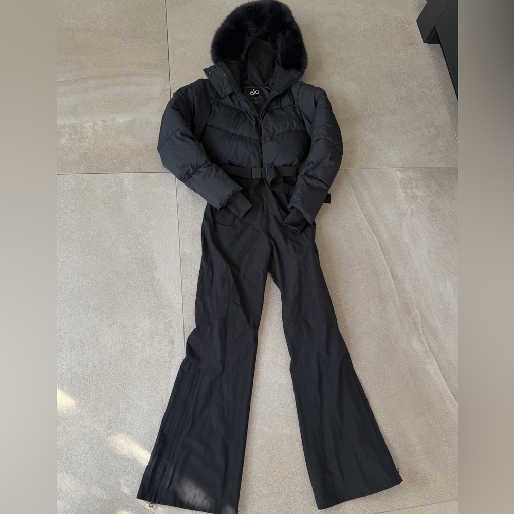 ALO Yoga Black Hooded Fur Trim Jumpsuit - Picture 3 of 9